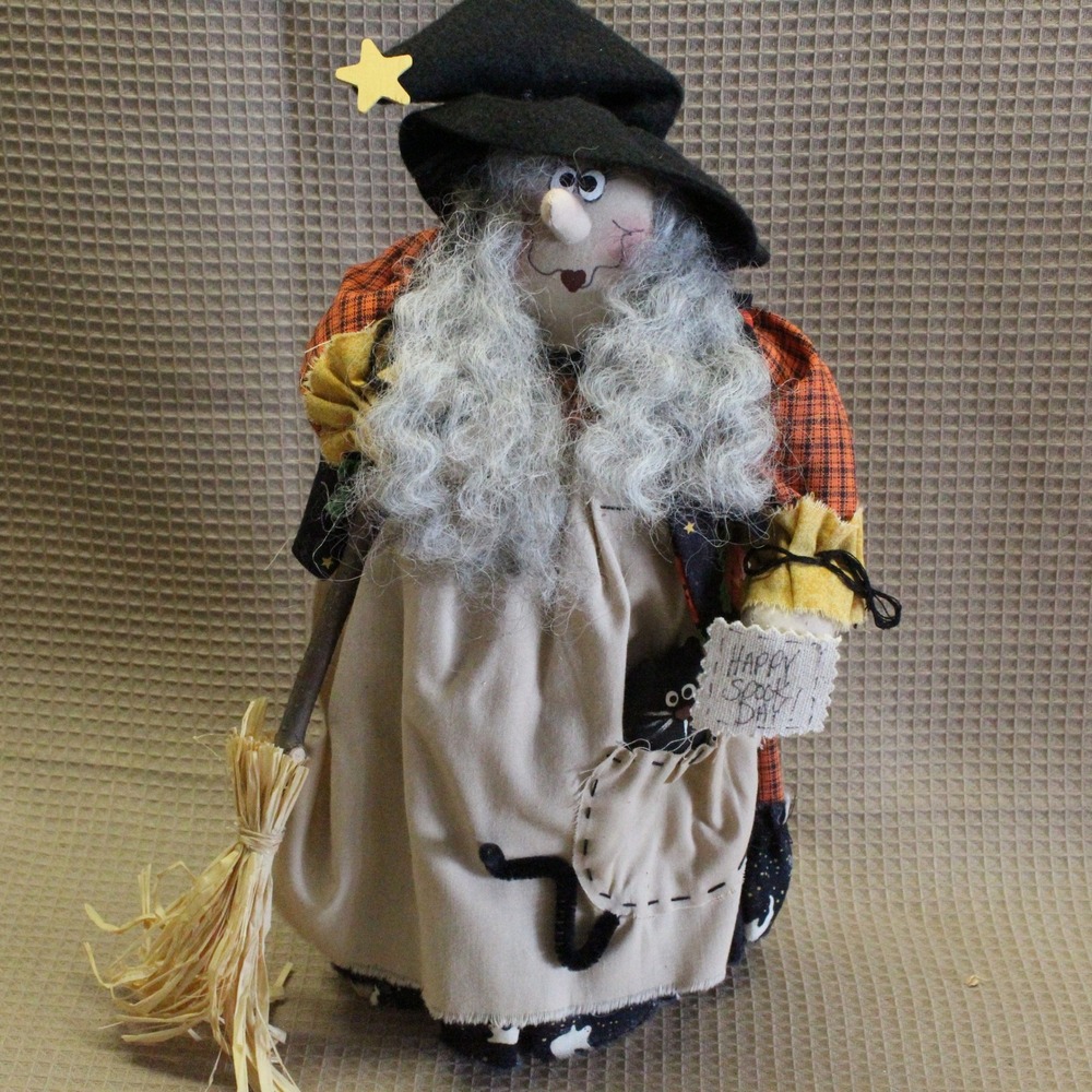 Handmade Primitive Witch Doll 14" Halloween Decor Folk Art Black Cottagecore
